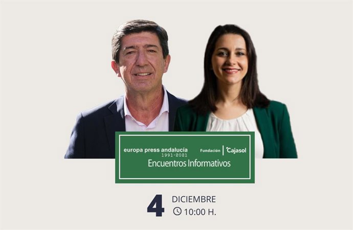 Cartel anunciador del encuentro informativo de Europa Press Andalucía con el vicepresidente de la Junta, Juan Marín, y la presidenta de Ciudadanos, Inés Arrimadas, el 4 de diciembre en Sevilla