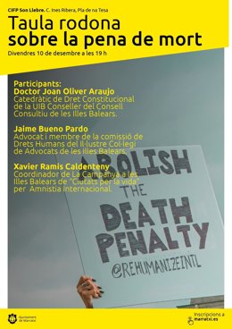 Cartel de una mesa redonda sobre la pena de muerte, organizada por el Ayuntamiento de Marratxí.