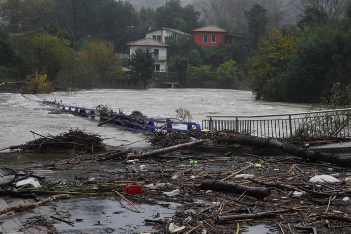 Varias ramas de árboles tras el desbordamiento del río Cadagua, a su paso por el municipio de Alonsótegui (Bizkaia), a 29 de noviembre de 2021