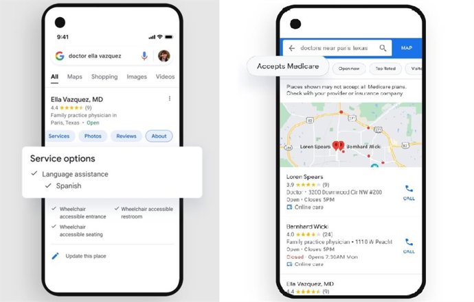 Datos sobre el idioma y el seguro de una clínica en Google.