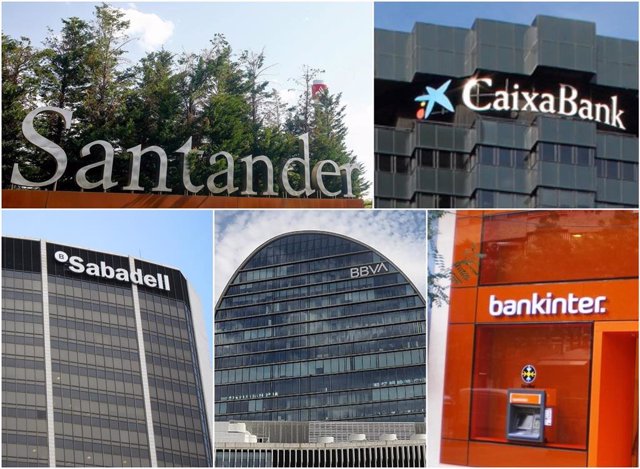 Archivo - Logo de Santander, CaixaBank, BBVA, Sabadell y Bankinter. Resultado atribuido de la gran banca española.