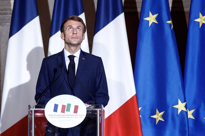 26 November 2021, Italy, Rome: French President Emmanuel Macron attends a press conference with Italian Prime Minister Mario Draghi (Not Pictured) after signing the Quirinale Treaty between Italy and France at the Quirinale Palace. Photo: Roberto Monald