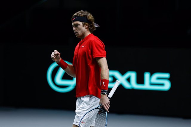 Andrey Rublev of Russia in action during the Davis Cup Finals 2021, Semifinal 2, tennis match played between Russia and Germany at Madrid Arena pabilion on December 04, 2021, in Madrid, Spain.