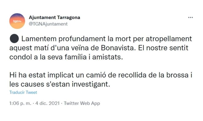 Muere una mujer tras ser atropellada por un camión de la basura en Tarragona