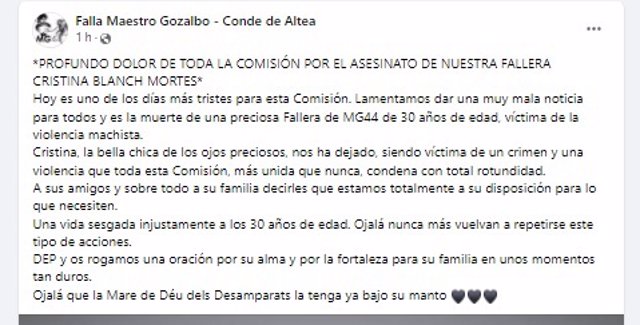 Mensaje publicado por la falla Maestro Gozalbo-Conde Altea, comisión a la que pertenecía Cristina, mujer que ha sido asesinada por su pareja