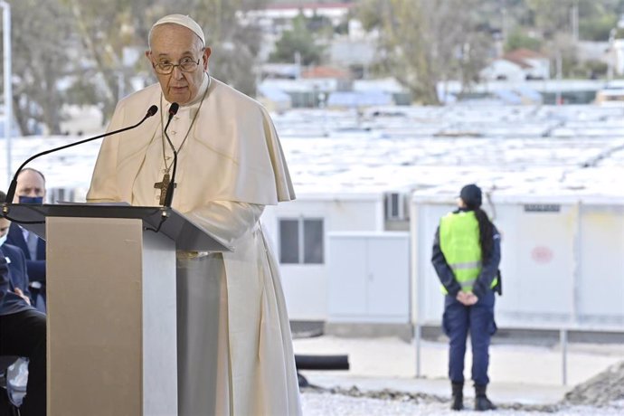 05 December 2021, Greece, Lesbos: Pope Francis delivers a speech during his visit to the Reception and Identification Centre (RIC) in Mytilene on the island of Lesbos in Greece.