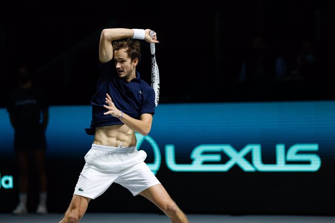 Daniil Medvedev of Russia in action during the Davis Cup Finals 2021, Final, tennis match played between Russia and Croatia at Madrid Arena pabilion on December 04, 2021, in Madrid, Spain.