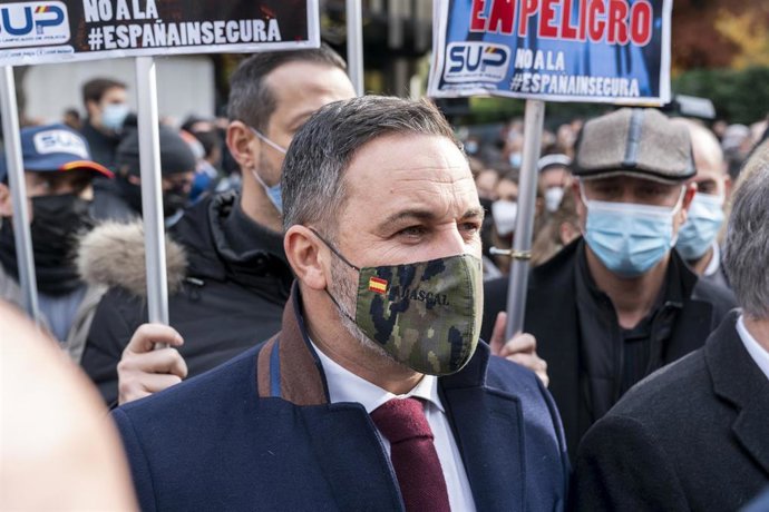 El líder de Vox, Santiago Abascal, en una concentración contra la reforma de la Ley Mordaza'