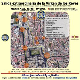 Emergencias Sevilla ha colgado en su perfil de Twitter un mapa con los desvíos de tráfico con motivo de la Procesión de la Virgen de los Reyes.
