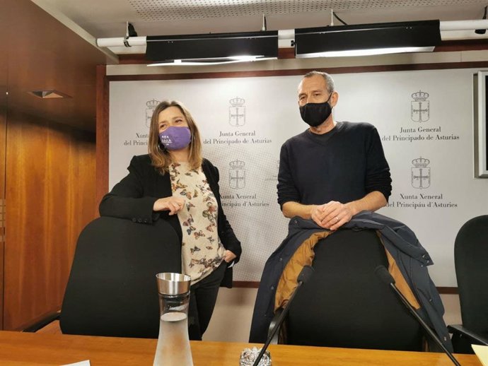 La portavoz de Somos Oviedo, Ana Taboada, acompañada del diputado de Podemos Asturies en la Junta General del Principado, Ricardo Menéndez Salmón.