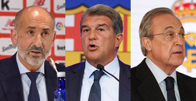 El presidente del Athletic Club, Aitor Elizegi; el del FC Barcelona, Joan Laporta; y el del Real Madrid, Florentino Pérez