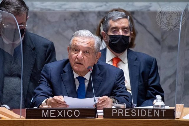 El presidente de México, Andrés Manuel López Obrador, durante una interveción ante el Consejo de Seguridad de Naciones Unidas.