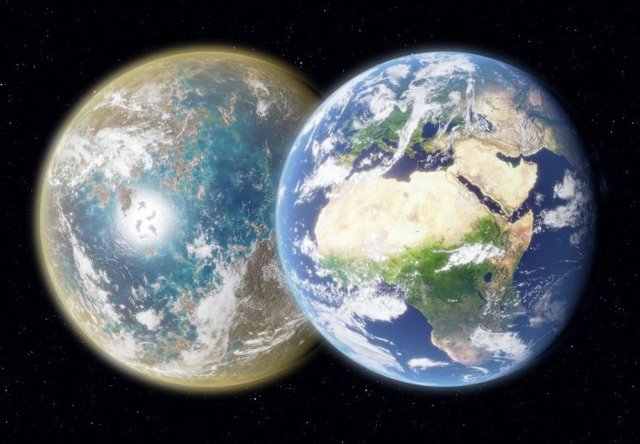 La Tierra primitiva a la izquierda tenía mares infundidos con hierro que mejora la vida, mientras que la Tierra actual, vista a la derecha, no lo tiene.
