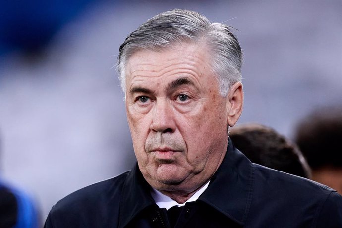 Carlo Ancelotti, head coach of Real Madrid CF, looks on during the Spanish league, LaLiga, football match between Real Sociedad and Real Madrid CF at Reale Arena on 4 of December, 2021 in San Sebastian, Spain.
