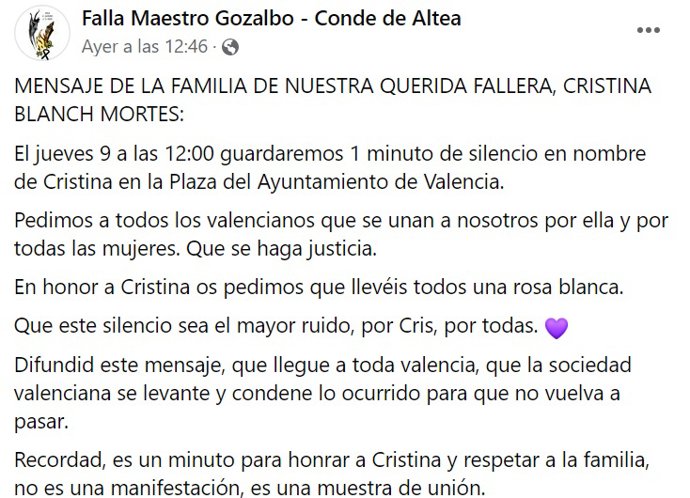 Mensaje difundido para recordar a la joven asesianda presuntamente por su pareja en Valncia