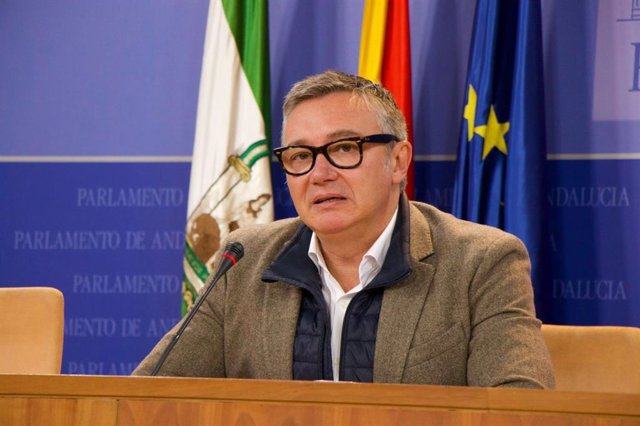 El portavoz de Vox en el Parlamento de Andalucía, Manuel Gavira, este jueves en rueda de prensa.