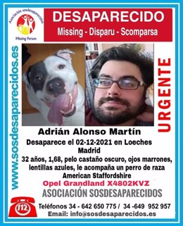 Cartel de SOS Desaparecidos de Adrián Alonso, un joven desaparecido en Torrejón
