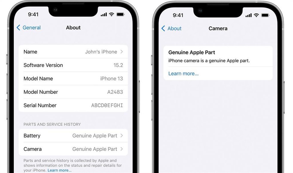 Función de partes reparadas en los ajustes de iOS 15.2.