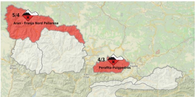 Imagen de las zonas que podrán ser afectadas por los desprendimientos en Catalunya a partir de este viernes de madrugada