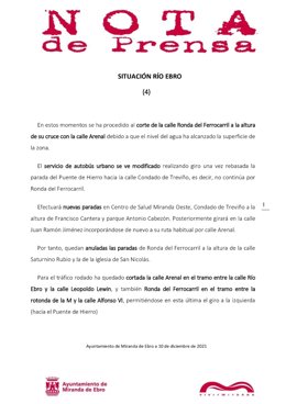 Uno de los comunicados del Ayuntamiento de Miranda de Ebro ante la crecida del río este viernes, 10 de diciembre