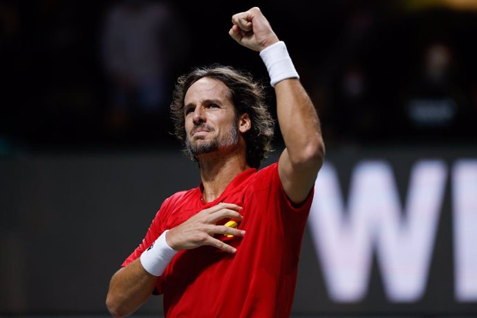 Feliciano Lopez of Spain celebrates after winning during the Davis Cup Finals 2021, Group A, tennis match played between Spain and Russia at Madrid Arena pabilion on November 28, 2021, in Madrid, Spain.