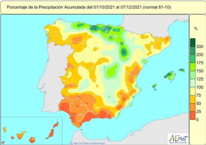 Distribución de las lluvias acumuladas en España desde el 1 de octubre de 2021 al 7 de diciembre de 2021.