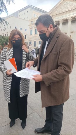La procuradora de Ciudadanos en Castilla y León Marta Sanz y el diputado nacional del partido Juan Ignacio López-Bas frente al Congreso de los Diputados.
