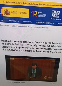 Pantallazo a la web de Moncloa donde, por unos instantes, se ha emitido el Pleno de la Asamblea de Madrid