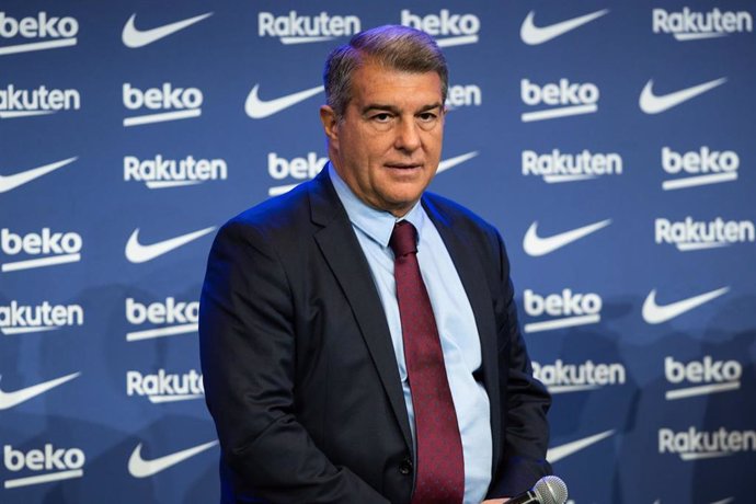 Joan Laporta, President of FC Barcelona, attends during the presentation of Dani Alves as new player of FC Barcelona at Camp Nou stadium on November 17, 2021, in Barcelona, Spain.