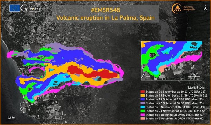 Copernicus actualiza el monitoreo en la zona del volcán, que afecta a 1.223 hectáreas y 2.896 edificaciones