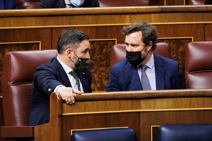 El líder de Vox, Santiago Abascal (i) i el portaveu de Vox al Congrés, Iván Espinosa dels Monteros (d), en una sessió plenria