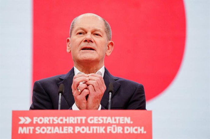 11 December 2021, Berlin: German Chancellor Olaf Scholz addresses the delegates at his party's national convention. Photo: Kay Nietfeld/dpa