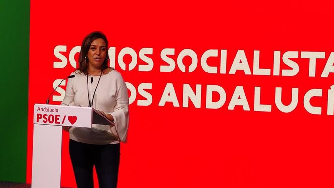 La secretaria de Política Municipal de grandes poblaciones del PSOE de Andalucía, Isabel Ambrosio, este lunes en rueda de prensa.