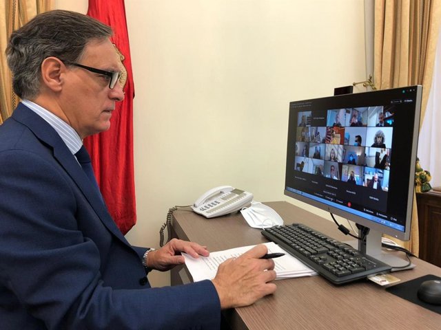 García Carbayo en la reunión telemática desde el Ayuntamiento de Salamanca.