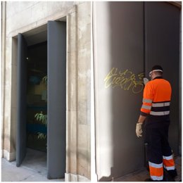 Detenido un joven por pintar más de 15 grafitis en la pared de piedra del pórtico del Ayuntamiento