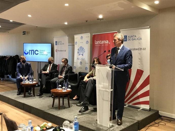 El vicepresidente primeiro da Xunta, Alfonso Rueda, durante su intervención en la jornada 'A chegada do AVE a Galicia', organizada por la Asociación de Empresarios Galegos en Madrid (Aegama).