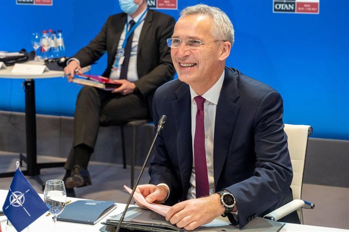 HANDOUT - 01 December 2021, Latvia, Riga: The North Atlantic Treaty Organization (NATO) Secretary General Jens Stoltenberg reacts during NATO Foreign Ministers meeting. Photo: -/NATO/dpa - ATTENTION: editorial use only and only if the credit mentioned a