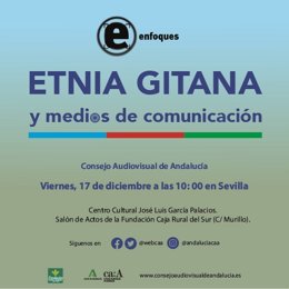Cartel del Foro Enfoques del CAA sobre la presencia de la etnia gitana en los medios de comunicación
