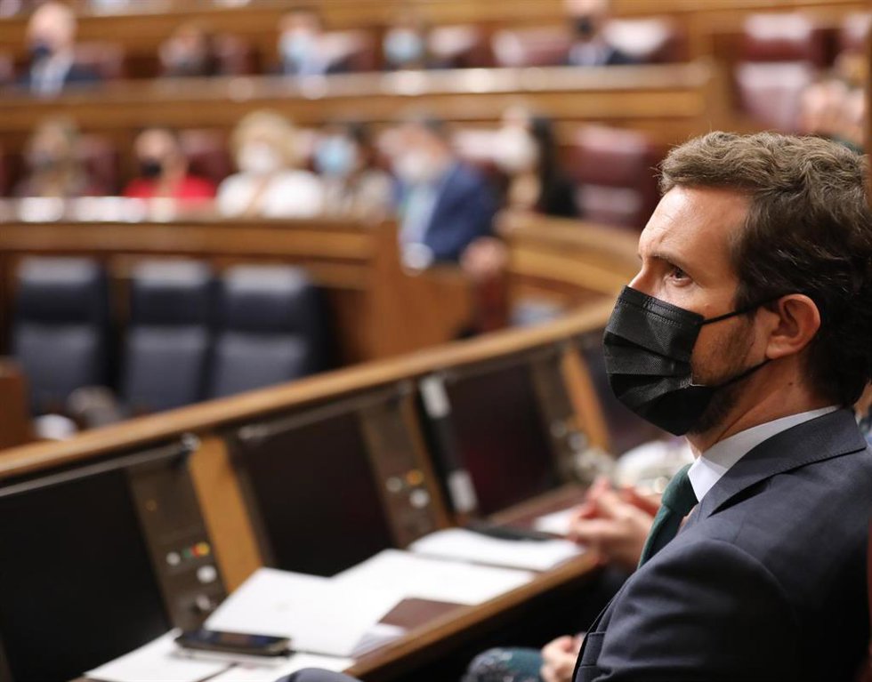 El presidente del PP, Pablo Casado, en su escaño del Congreso.