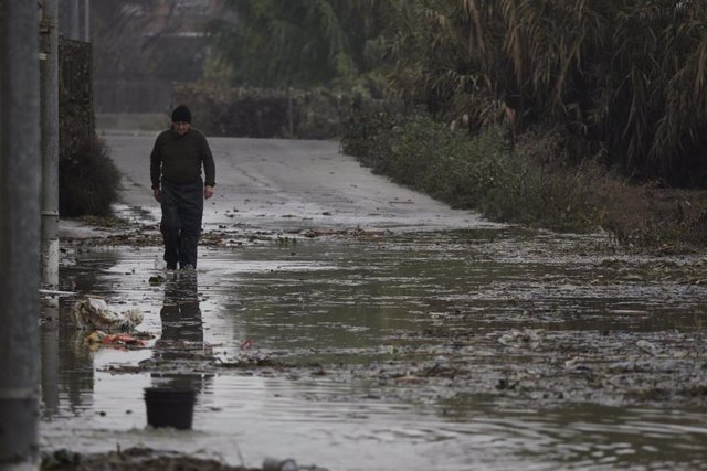 Un hombre camina por una de las carreteras afectadas por la crecida del río Ebro
