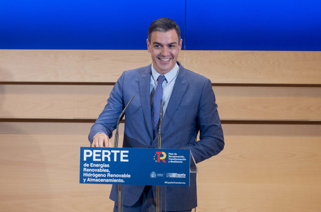 El presidente del Gobierno, Pedro Sánchez, interviene en el acto de presentación del PERTE de Energías Renovables, Hidrógeno Verde y Almacenamiento , a 15 de diciembre de 2021, en Madrid, (España). 