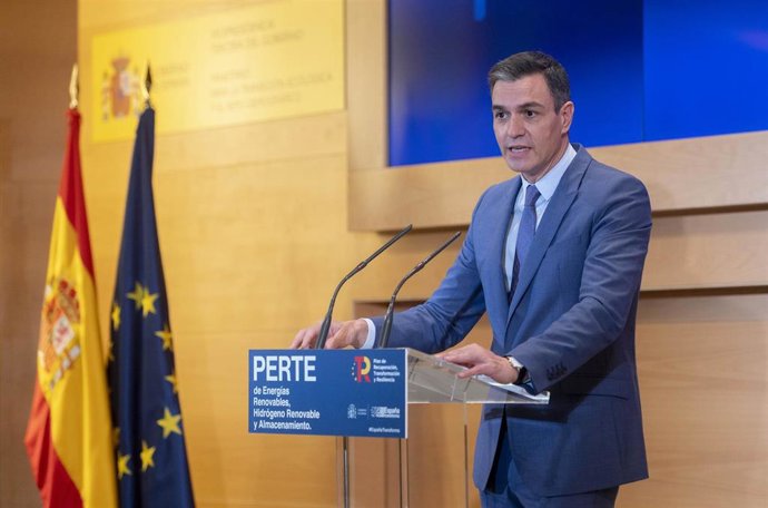 El presidente del Gobierno, Pedro Sánchez, interviene en el acto de presentación del Proyecto Estratégico para la Recuperación y Transformación Económica (PERTE) de Energías Renovables.
