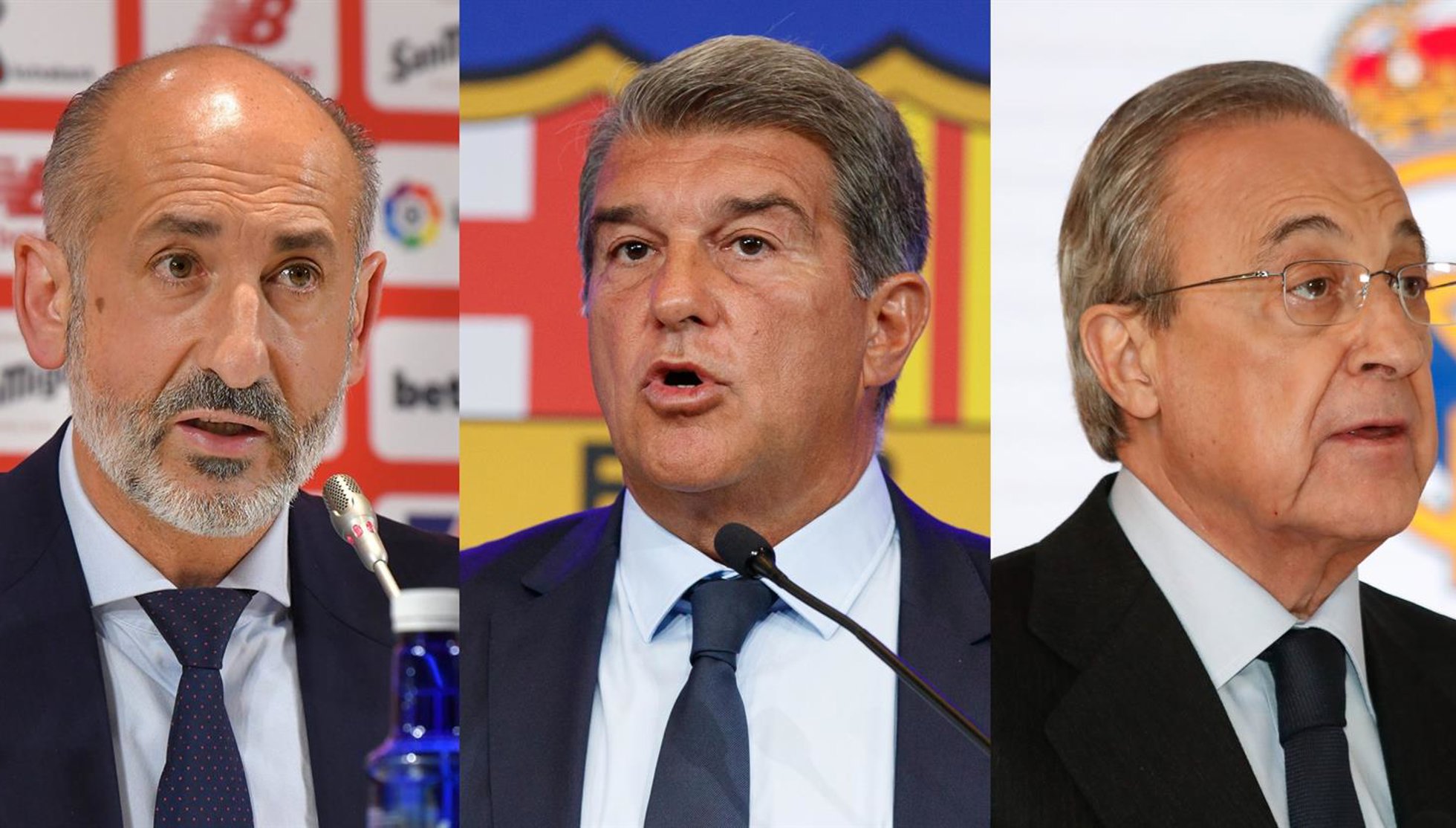 El presidente del Athletic Club, Aitor Elizegi; el del FC Barcelona, Joan Laporta; y el del Real Madrid, Florentino Pérez