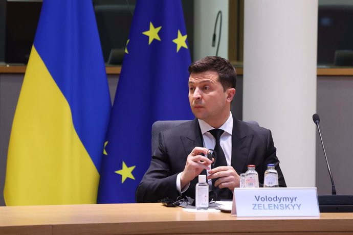 HANDOUT - 15 December 2021, Belgium, Brussels: Ukrainian President Volodymyr Zelensky attends a meeting with European Council President Charles Michel, on the sidelines of the EU-Eastern Partnership Summit in Brussels. Photo: Dario Pignatelli/EU Council