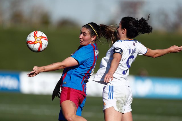 Mariona Caldentey of FC Barcelona and Ivana Andres of Real Madrid in action during the spanish women league, Primera Iberdrola, football match played between Real Madrid and FC Barcelona at Alfredo di Stefano stadium on December 12, 2021, in Valdebebas, M