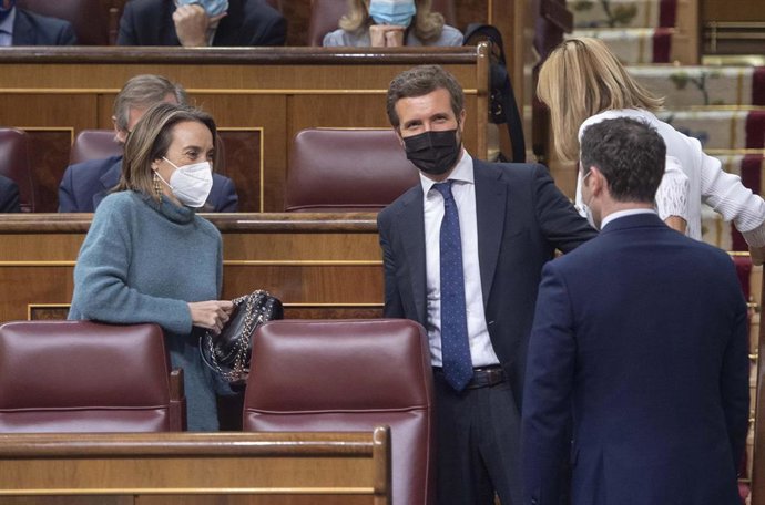 La portavoz parlamentaria del PP, Cuca Gamarra y el presidente del PP, Pablo Casado (c), en una sesión plenaria en el Congreso