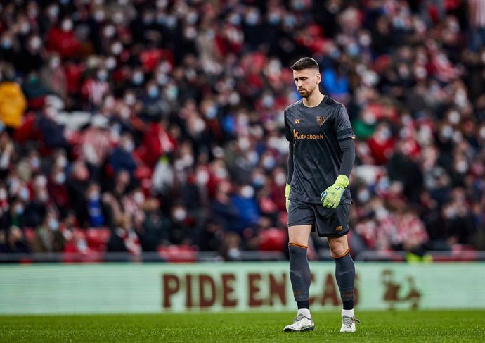 Unai Simon of Athletic Club laments during the Spanish league, La Liga Santander, football match played between Athletic Club and Sevilla FC at San Mames stadium on December 10, 2021 in Bilbao, Spain.