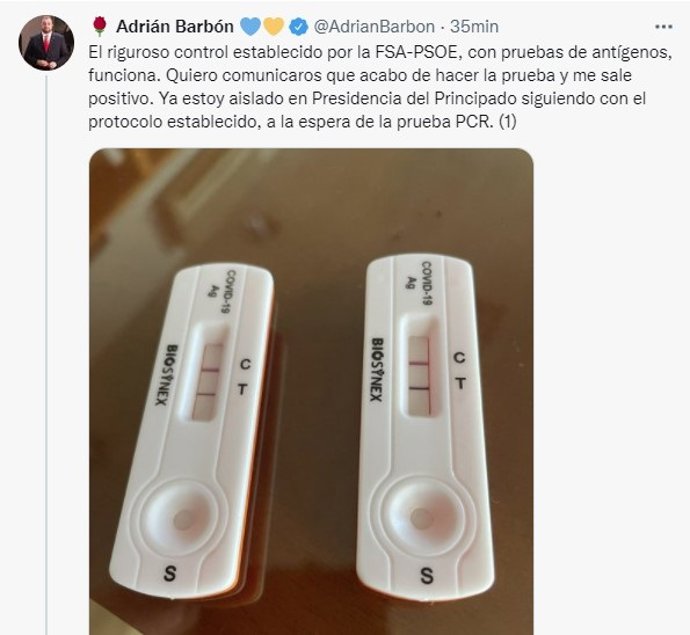 Test positivo en coronavirus colgado por el presidente en su cuenta de Twitter.