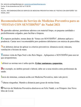 Correo con las recomendaciones remitidas  por Medicina Preventiva del área sanitaria de Santiago.