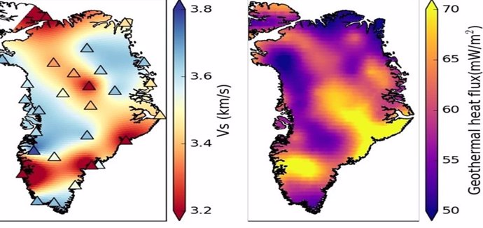 Debajo de la capa de hielo de Groenlandia: la velocidad de onda sísmica subterránea más lenta se asocia con áreas más calientes